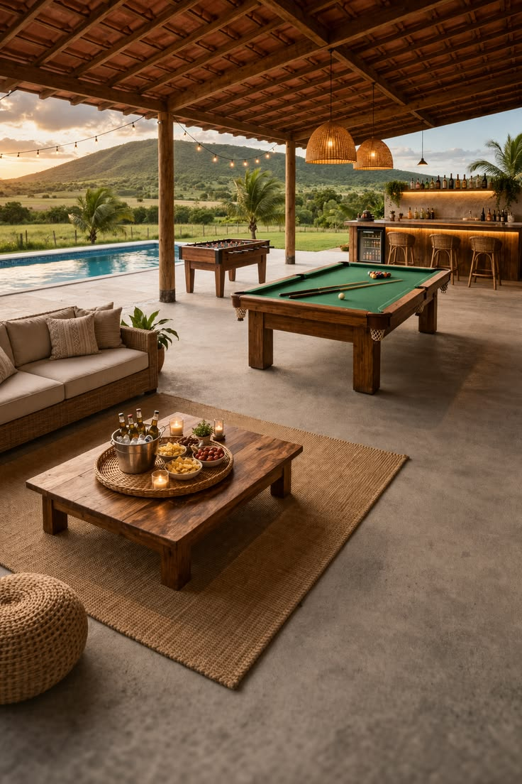 Área de lazer da fazenda com piscina, sinuca, pebolim e bar ao pôr do sol