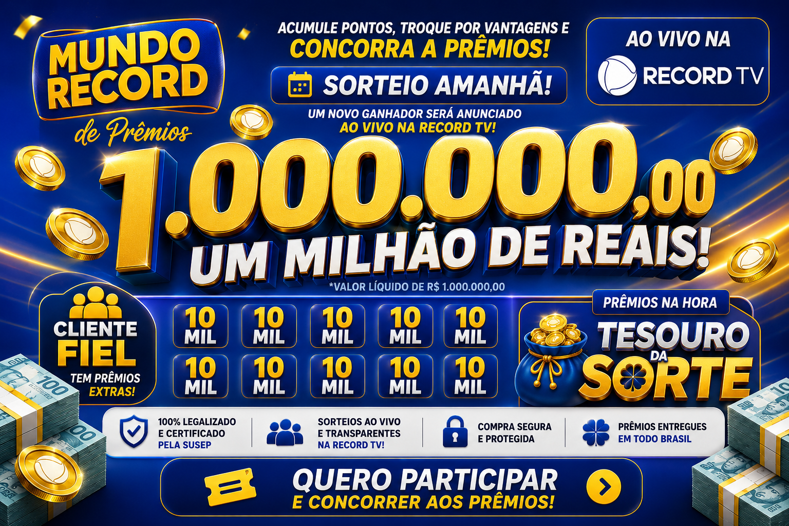 Banner de números premiados restantes com dez prêmios de quinze mil reais